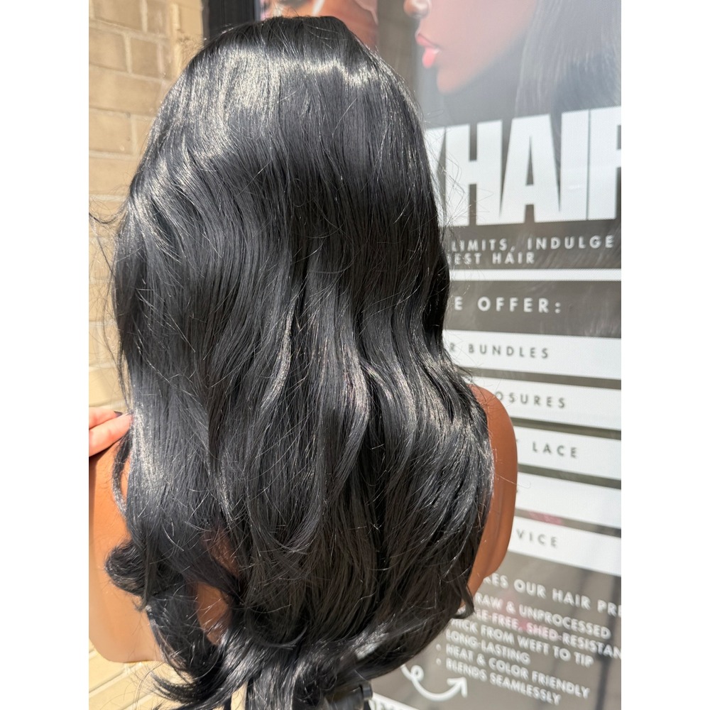 16" Jet Black Layered Human Blend Synthetic Hair 13*6 Transparent Lace Front Wig - Picture 6 of 6